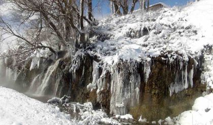 Tatvan’da donan Arpet Şelalesi’nden kartpostallık görüntüler