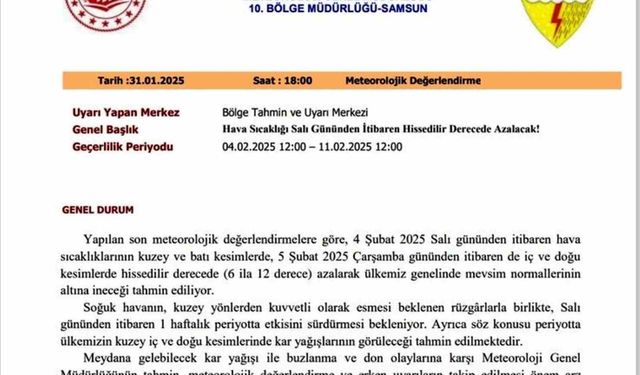 Samsun’da hava sıcaklığı 6-12 derece düşecek