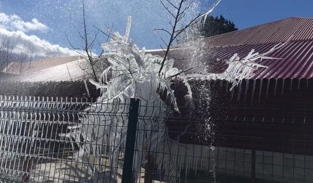 Borulardan fışkıran sular buz tuttu, ortaya ilginç görüntüler çıktı