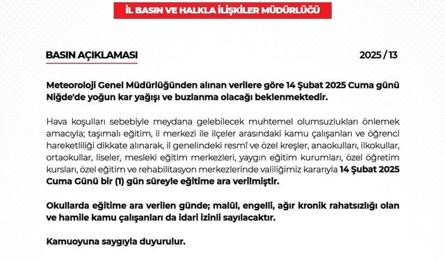 Niğde’de eğitime 1 gün ara verildi