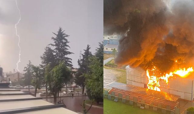 Kastamonu’da alev alev yanan jimnastik salonuna yıldırımın düşme anı kamerada