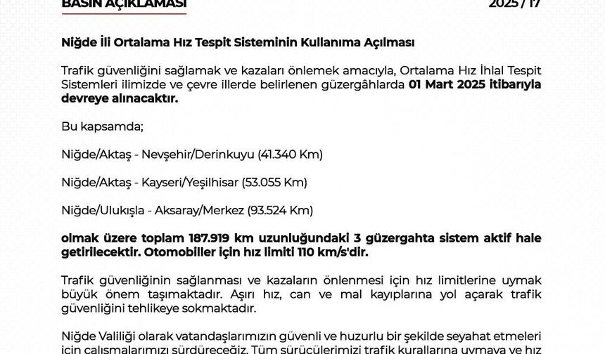 Niğde’de Ortalama Hız Tespit Sistemi devreye girdi