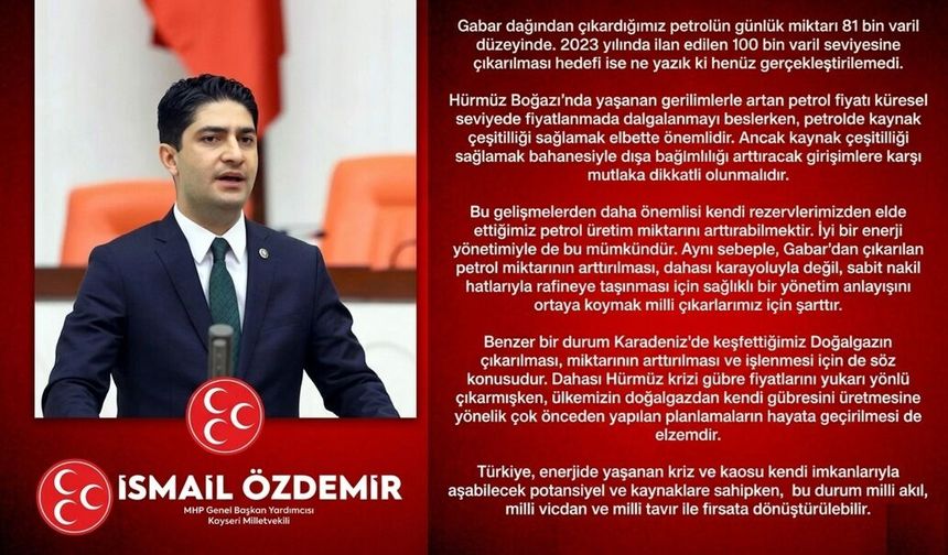MHP’li Özdemir: Gabar Petrolü Milli Çıkar İçin Stratejik Yönetilmeli