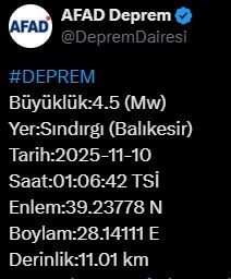 Son Daki̇ka; Balıkesir’de 4.5 Büyüklüğünde Deprem İsi̇ndetayi̇