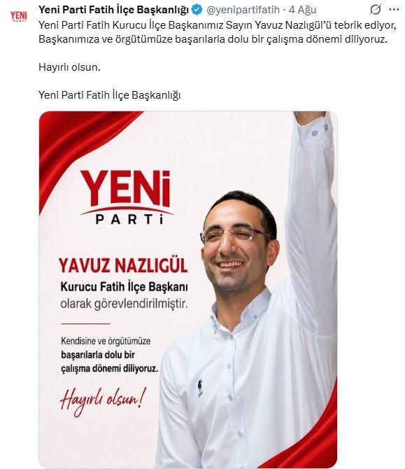 Yeni Parti’de Skandal Karar Dhkp C’li Yavuz Nazlıgül Başkan Olarak Atandı Haber Isindetayi