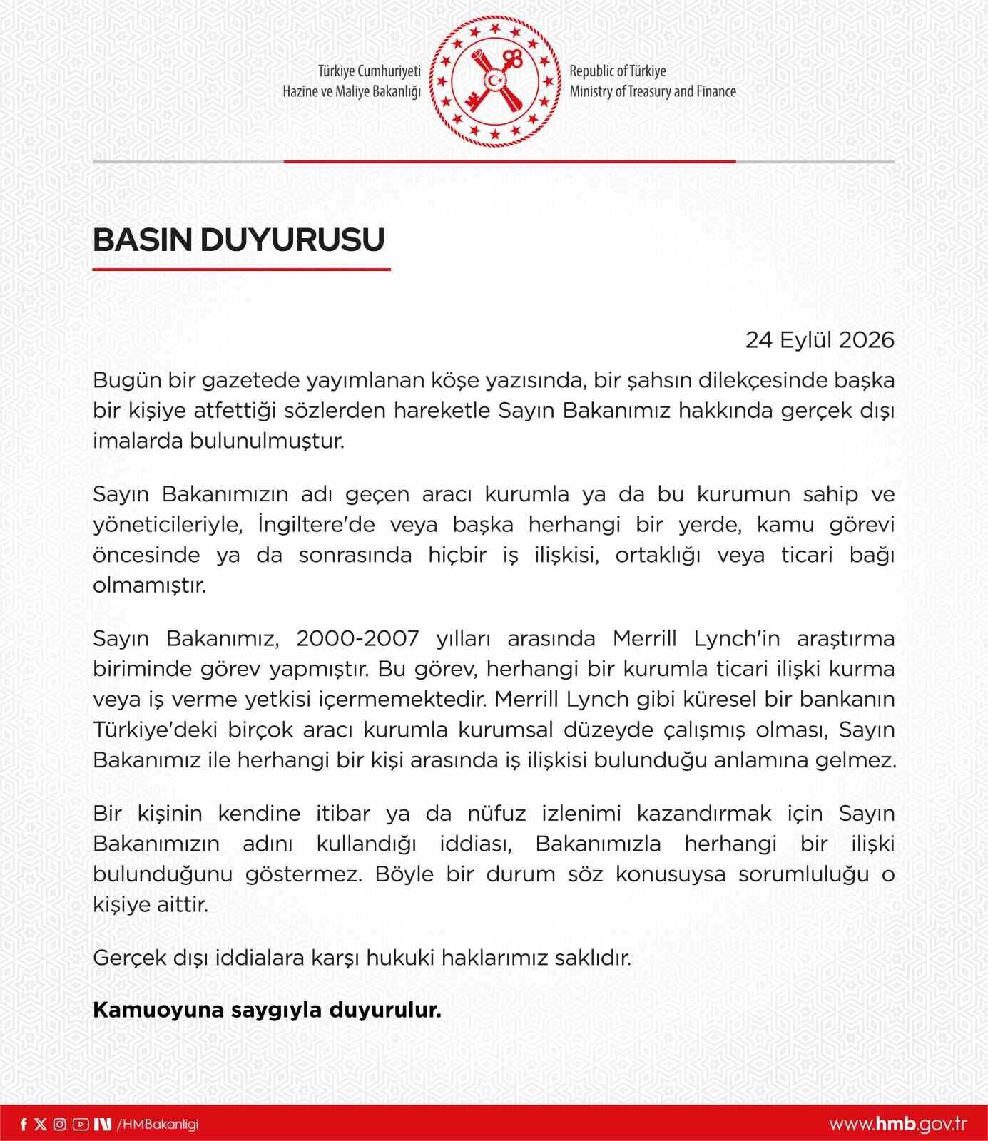 Hazine Ve Maliye Bakanlığından Bakan Şimşek Hakkındaki Iddialara Yalanlama Haber Isindetayi